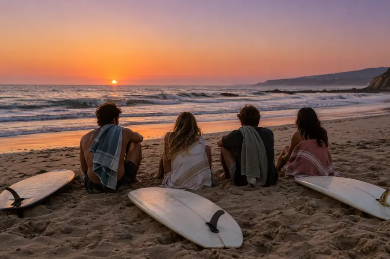 Alumnos sentados en la arena junto a sus tablas, mirando el mar al caer la tarde