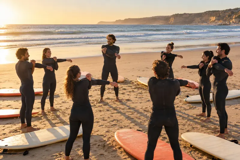 Calentamiento en corro en la arena antes de entrar al agua, con las tablas tumbadas alrededor