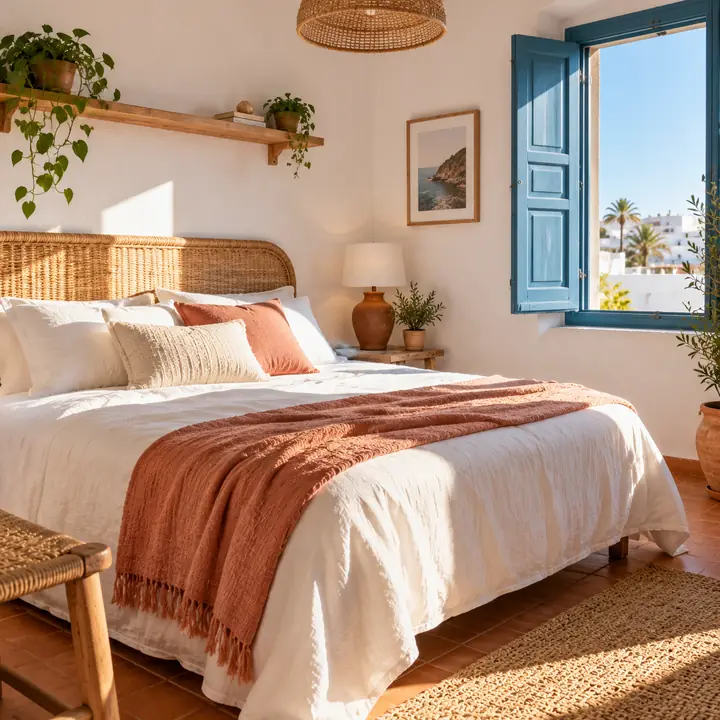 Habitación doble de la casa de surf con cama de lino blanco y ventana con contraventanas azules