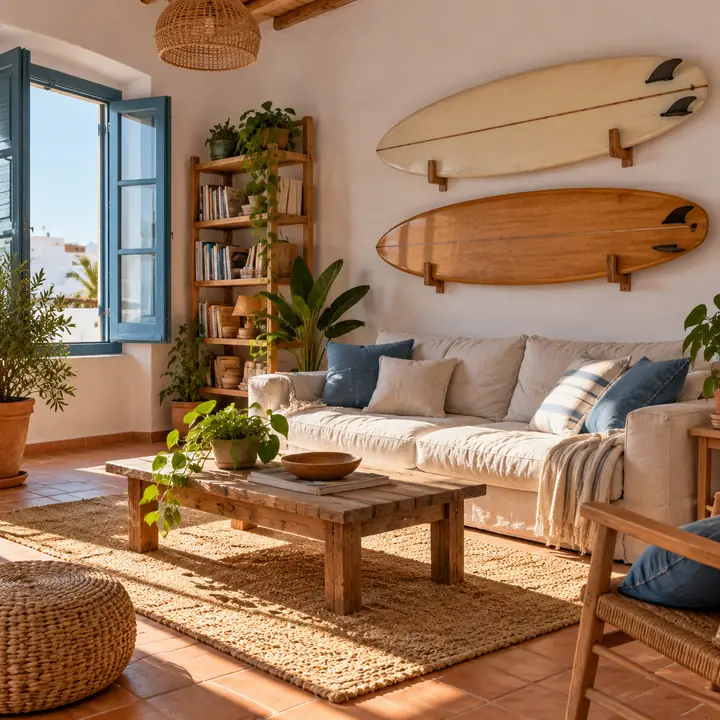 Salón de la casa de surf con sofá de lino, estantería de libros y tablas colgadas en la pared