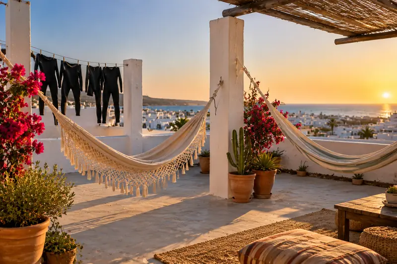 Azotea encalada de la casa de surf con dos hamacas y neoprenos secándose al sol