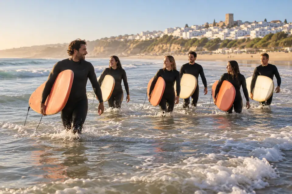 Un grupo de alumnos de Ondaluz entra al mar con las tablas de espuma bajo el brazo, con el pueblo blanco de Conil al fondo