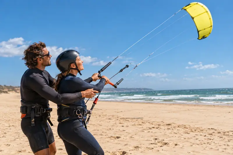 En la arena, un monitor ayuda a una alumna a sujetar la barra de una cometa pequeña en su primer día de kite